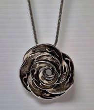 Annanova Enameled Rose Silvertone Necklace 19" Statement Pendant Floral