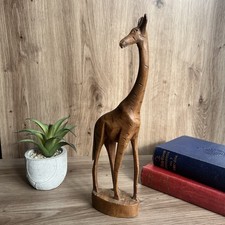 Vintage 1970s Hand Carved Giraffe Teak Wooden Statue Figurine