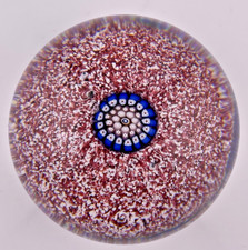 ANTIQUE SAINT LOUIS 2.2" BLUE COMPLEX CANE ON RED/WHITE JASPER GLASS PAPERWEIGHT