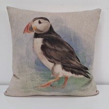 Puffin Cushion Cover Sea Bird Nautical Beach Linen Look Vintage Fabric 16 Inch