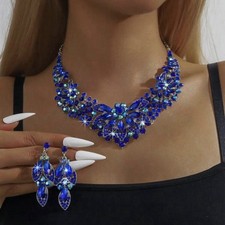 Indian Asian 3 Pcs Necklace Jewellery Set In Blue Shades