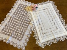 2 Antique Tray Cloths / Table Centres Crochet Lace Drawn Threadwork
