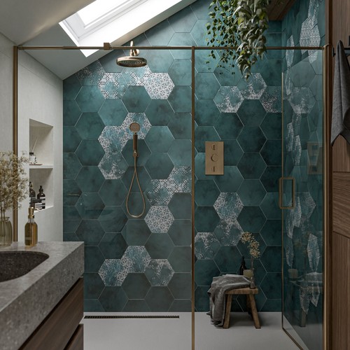 Green hexagon porcelain tiles - green,