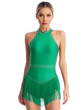 UK Womens Glittery Rhinestone Tassels Dance Costume Backless Leotard Dresses