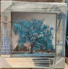 Silver blossom tree picture in mirrored frame glitter 3D Wall art picture 55x55