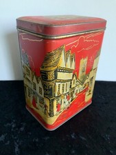 VINTAGE-UNMARKED-COLLECTORS TIN-TEA CADDY-TOWN SCENE-ENGLAND-HORSES-CHURCH-SHOPS