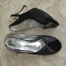 Pierre Cardin black satin glitter kitten heel slingback peep toe shoes uk 7