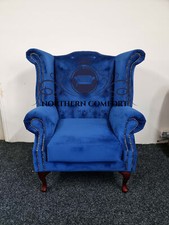 Chesterfield Queen Anne Wing Back Chair in Blue Plush Velvet