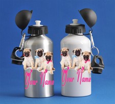 3 Pug With Puppies Girls Dog Water Sports Bottle Silver Or White School PE Gym