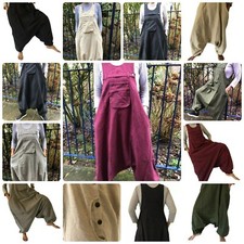 Unisex Plain Hemp Cotton Drop Crotch Harem Dungarees Festival Overalls Jumpsuit