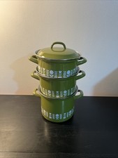 70s Vintage Herma Retro Green Floral Enamel Lidded 3 Pot Stack - Free Post