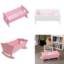 18 Inch Dolls Cradle Crib Cot Rocking Bed & Bedding Set Wooden Doll Furniture UK
