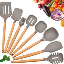 FXY Silicone Kitchen Utensils Set,8 Pcs Wooden Handles Spatula Set,Cooking Uten