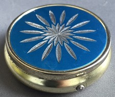 Vintage Blue Silver Starburst Gold Metal Pill Trinket Box 5cm