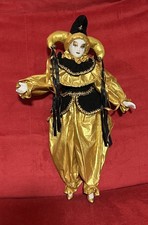 Rare Mardi Gras Porcelain Harlequin Jester Doll Clown Black & Gold 