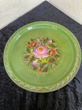 Vintage Toleware Metal tray handpainted flowers 32cm Wide Green Signed