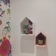 WOODEN HOUSE SHAPED DISPLAY SHELVES X2