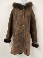 Borwn Vintage Sheepskin Leather Coat Size 14 16 Hood Hooded Retro Jacket Boho