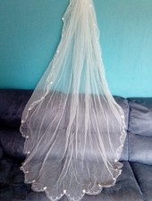 Ivory single tier chapel length veil with comb slide floral scalloped edge v411