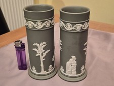 Pair Vintage Green Wedgewood Jasperware Vases 16cms High Bold Relief Design VGC