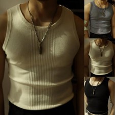 Solid Color Men's Summer Ribbed Knit I shaped Vest Sports Bottoming Tank Top
