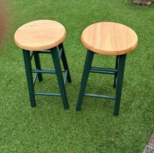 Pair of Two Tone Solid Wooden Kitchen/Bar Stools  Pine Seat & Dark Green Legs