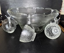 Vintage Glass Punch Bowl Set - Punch Bowl, 6 Cups, 6 Hooks