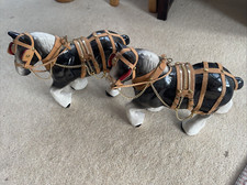 2 Vintage Large Shire Cart Horse Figurines Leather Bridle Tack Harness Ornament