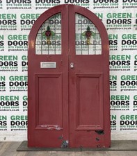 1930s FRONT FRENCH DOORS DOUBLE LEADED GLASS VINTAGE ANTIQUE ARCHED WOODEN