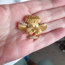 Vtg 50s 60s Terrier  ? Dog  Brooch Gold Tone Rhinestones Turquoise Retro Glam
