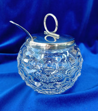 Clear Glass Preserve - Jam Pot With hallmarked Silver Lid & Spoon 