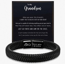 To My Grandson Bracelet - Black Jewellery For Men Braided Leather Gift