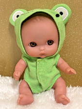 5" Berenguer Doll (preloved) Brown Eyes & Pout with Original Frog Outfit/Costume