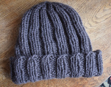 Neutral Brown Hand Knit Fishermans Cap Beanie Ribbed Knitted Handmade Acrylic