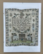 Antique Victorian Needlework Sampler House,Verse,Trees,Foliage,Deer,Person C1845
