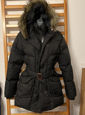Timberland Women’s Hooded Belted Winter Coat Size M Black Duck Down and Feather