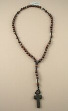 Unisex Brown Wooden Rosary Beads Necklace with Cross/Crucifix