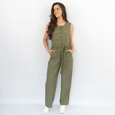White Stuff Womens Sleeveless Khaki Linen Wide Leg Summer Jumpsuit Boiler Suit
