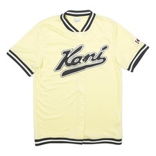 KARL KANI Mens Yellow Black Baseball Style S Short Sleeve Button Neck Logo