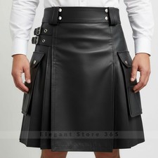 Men's Real Cow Leather Scottish Kilt Handmade Pleated Roman Cargo Pockets Black