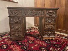 Antique Green Man Carved Oak Desk - Exceptional Gothic Revival Detail