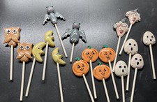 VTG Lot Halloween Polymer Clay Cake Cupcake Topper Stick Figurines Witch Bat Owl