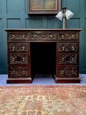Antique Early 19th Century Jacobean Revival Style Carved Oak Desk