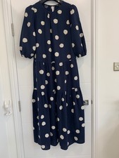 BNWOT Marks & Spencer Linen Rich midi dress polka dot navy blue long maxi UK  12