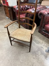 Antique Oak  High Ladder Back Carver Dining Chair with Hand Woven Rush Seat