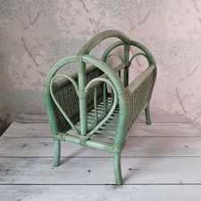 Sage Green Tone Wicker Cane Magazine Newspaper Rack Boho Cottage Core