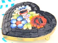 Vintage Black Heart Micro Mosaic Flowers Signed Italy Brooch Pin 1.5"