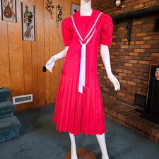 Vtg 80s Laura Ashley British Preppy Nautical Sailor Collar Modest Day Dress S/M