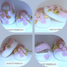 BABY CROCHET SUMMER CROCS  RIBBON SHOES SANDALS BOOTS WHITE PINK FLOWERS HEART .