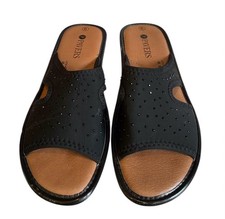 Pavers Ladies Comfort Sliders Sandals Black Leather Diamanté Size 6 Flip Flops